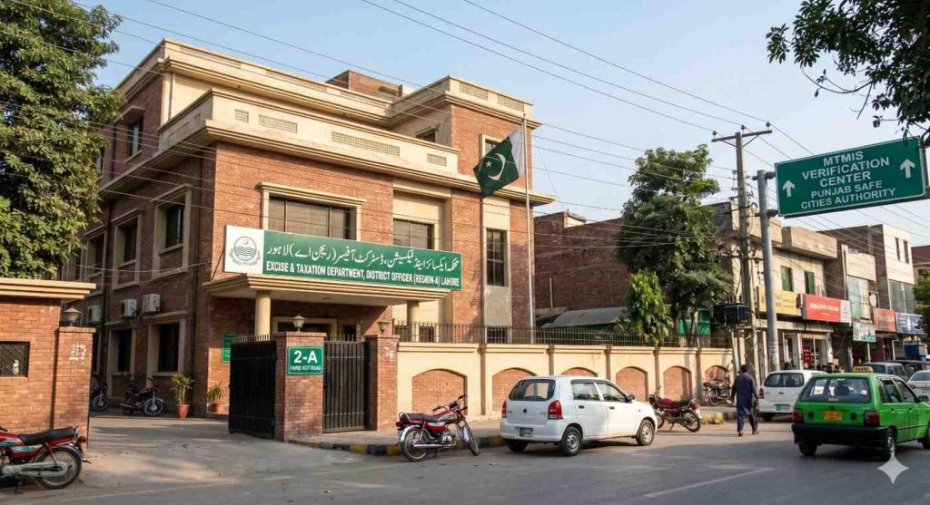 A street-level view of the Excise and Taxation Department building (Region-A) in Lahore, located at 2-A Farid Kot Road. The red-brick office features the Pakistani flag and official green signage in Urdu and English. A green overhead sign indicates the direction to the MTMIS Verification Center, Punjab Safe Cities Authority.