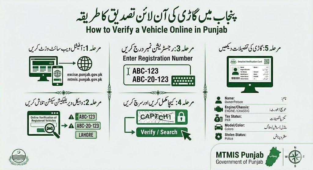 A bilingual (Urdu and English) infographic titled "How to Verify a Vehicle Online in Punjab." The graphic outlines five numbered steps: 1. Visit the official website (excise.punjab.gov.pk or mtmis.punjab.gov.pk); 2. Locate the "Online Verification of Registered Vehicles" section; 3. Enter the vehicle registration number (e.g., ABC-123); 4. Complete the CAPTCHA and click "Verify / Search"; 5. View the detailed verification results, including owner name, engine/chassis numbers, tax status, model/color, and stolen status. The design uses a professional green and white theme with relevant icons for each stage.