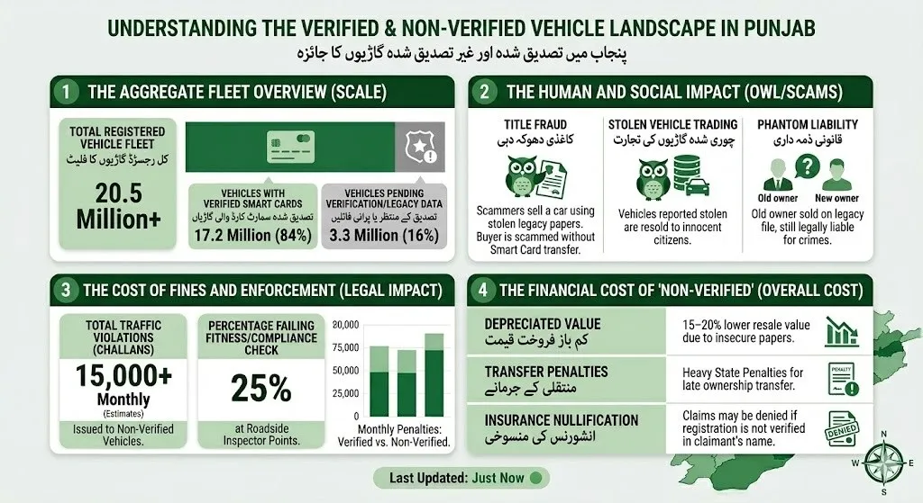 An information graphic titled "UNDERSTANDING THE VERIFIED & NON-VERIFIED VEHICLE LANDSCAPE IN PUNJAB" (with Urdu translation below) that uses a monochromatic green palette. It features four main sections: 1. The Aggregate Fleet Overview showing 20.5 Million+ registered vehicles, with 17.2 Million verified (84%) and 3.3 Million pending (16%). 2. The Human and Social Impact highlighting title fraud and phantom liability. 3. The Cost of Fines and Enforcement illustrating 15,000+ monthly traffic violations for non-verified vehicles and a stacked bar chart of penalties. 4. The Financial Cost showing lower resale value, penalties, and insurance issues. The bottom includes a 'Last Updated: Just Now' badge and a compass.